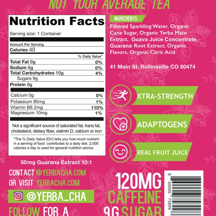 Yerba Cha - Wholesale Sports/Energy Drink - 24 Pack: Guava GUARANA Yerba Mate