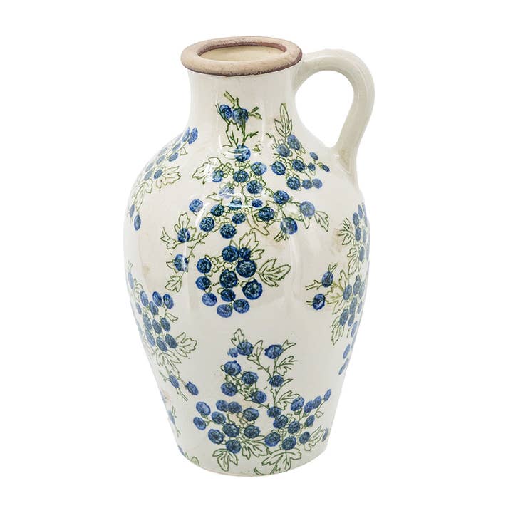7.5x7.3x12.6" White Ceramic Vase With Blue Berry Motif for wholesale by A&B Home Group Inc.