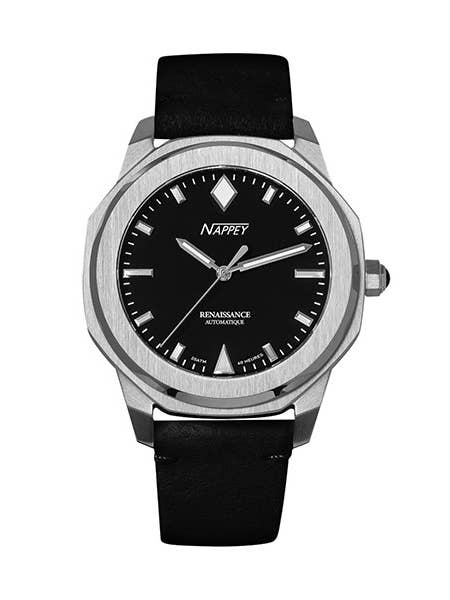 Montre Nappey Renaissance en acier et suède noir 115 x 94 x 720 pour la vente par Nappey