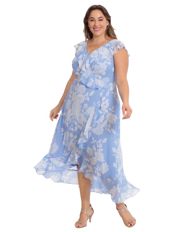 BLUE WHITE London Times Ruffled Wrap Bodice Short Flutter Sleeve Flowing Maxi Skirt Dress (Plus Size) for wholesale on Faire