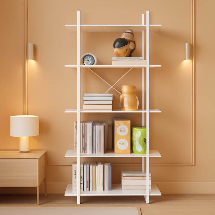 White 5 Tier Wooden Bookcase Tall Storage Organizer for wholesale on Faire