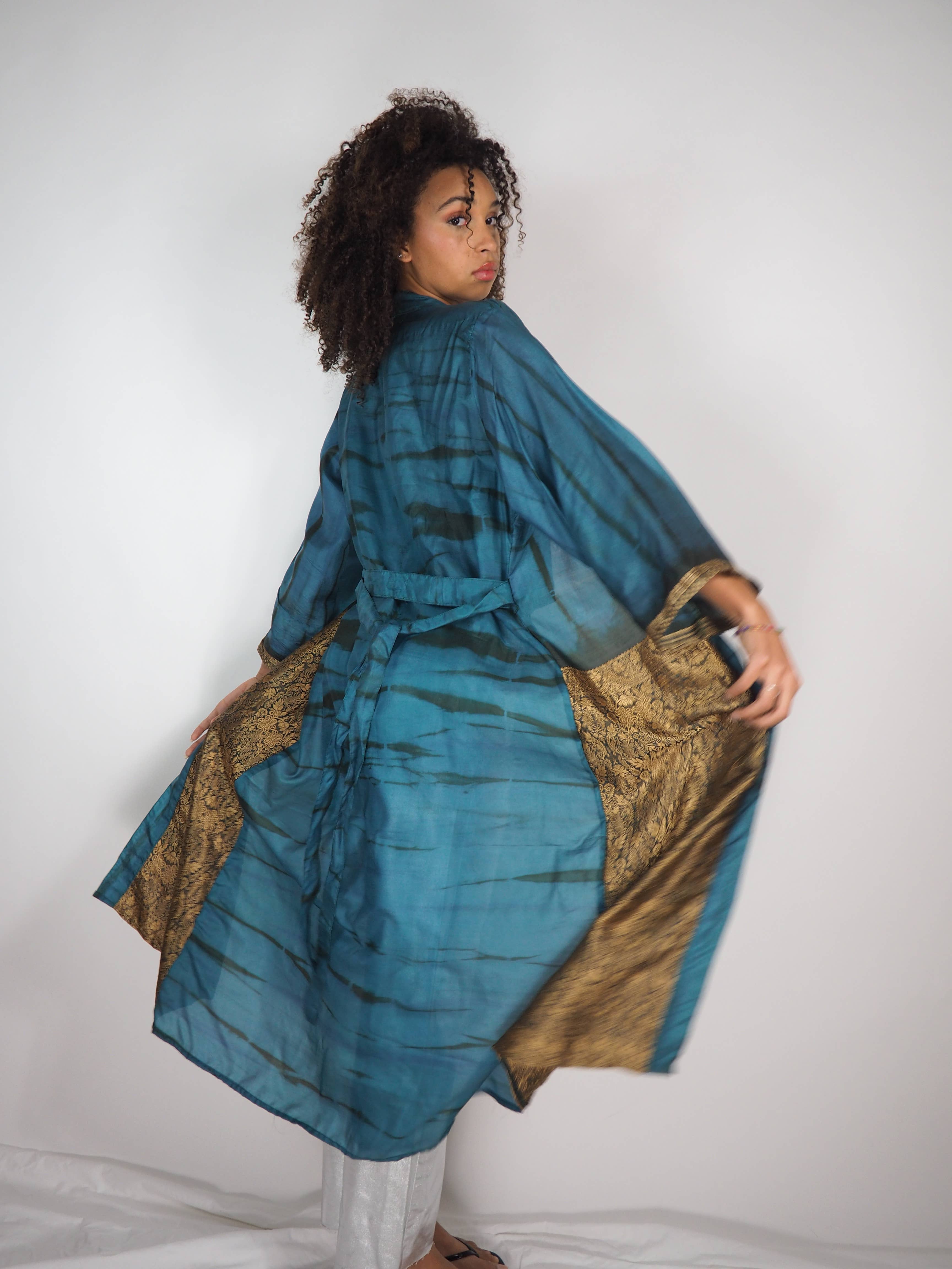 Vagabond Ibiza - Wholesale Kimono - Women's - The Kardash Kimono Long – Up-cycled Vintage Sari Kimono 44