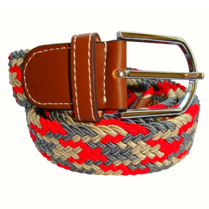 Jagged Stripe Elasticated Woven Belt - Beige, Red and Grey for wholesale by Bassin And Brown
