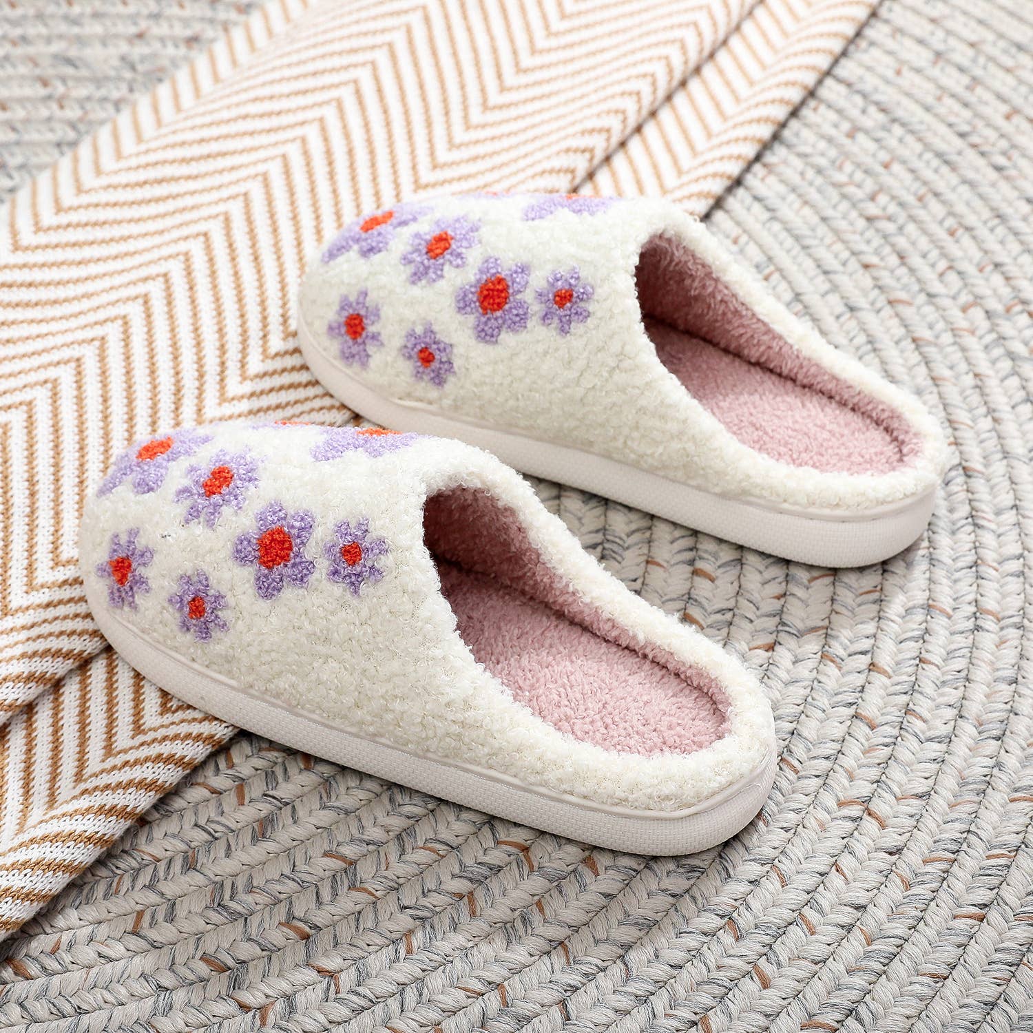 White  Lavender Lilacs Knit Plush Home Slippers  for wholesale on Faire4