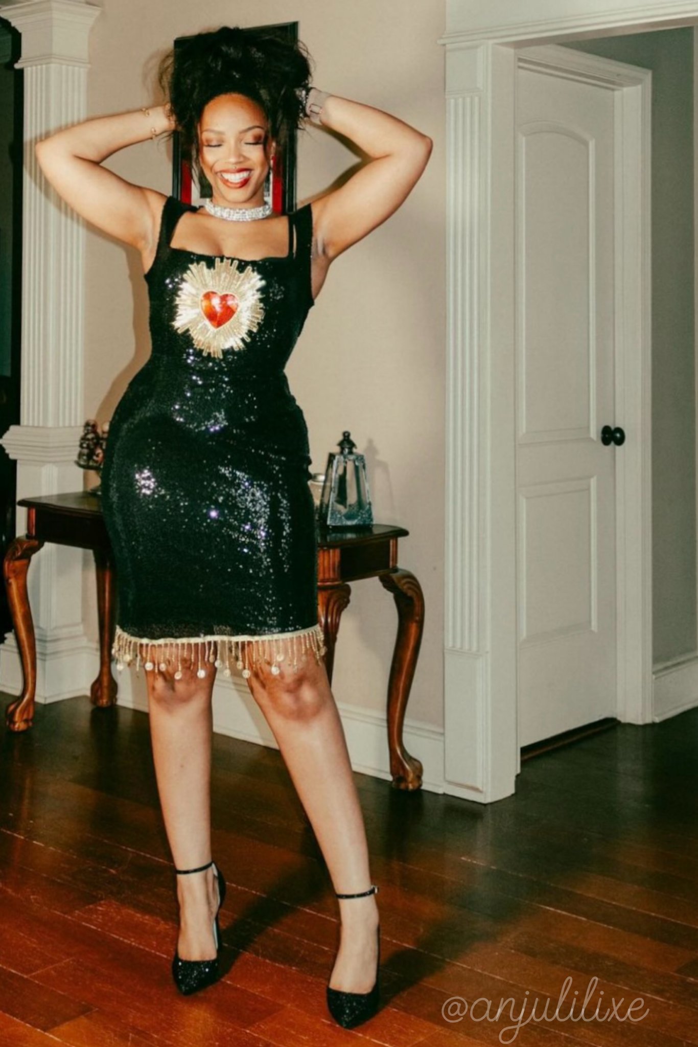 Weasel Wear - Wholesale Dress - Women's - Pauline Sacred Heart Sequin Wiggle Dress - Black Sequin Wiggle Dress with Gold Beading & Sacred Heart Appliqué (Saint & Sinner Edition)5