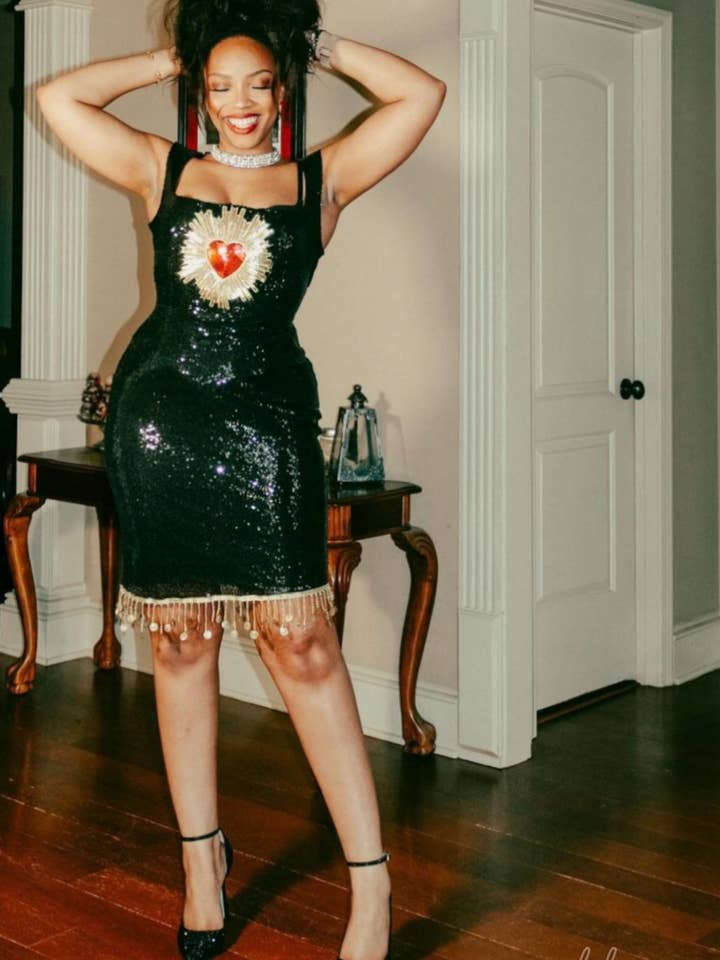 Weasel Wear - Wholesale Dress - Women's - Pauline Sacred Heart Sequin Wiggle Dress - Black Sequin Wiggle Dress with Gold Beading & Sacred Heart Appliqué (Saint & Sinner Edition)5