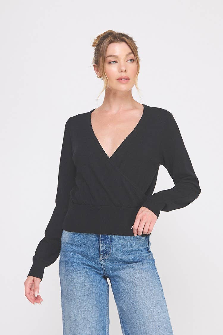 Allie Rose - Vente Pull en maille – femme - Pull cache-cœur à fines mailles pointelle avec bordure festonnée.0