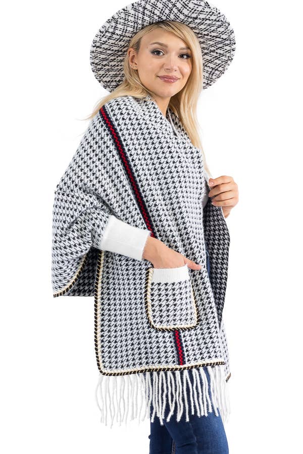 Cap Zone - Wholesale Poncho - Women's - Narrow Tri-Stripe Houndstooth Cardigan Sweater Poncho4