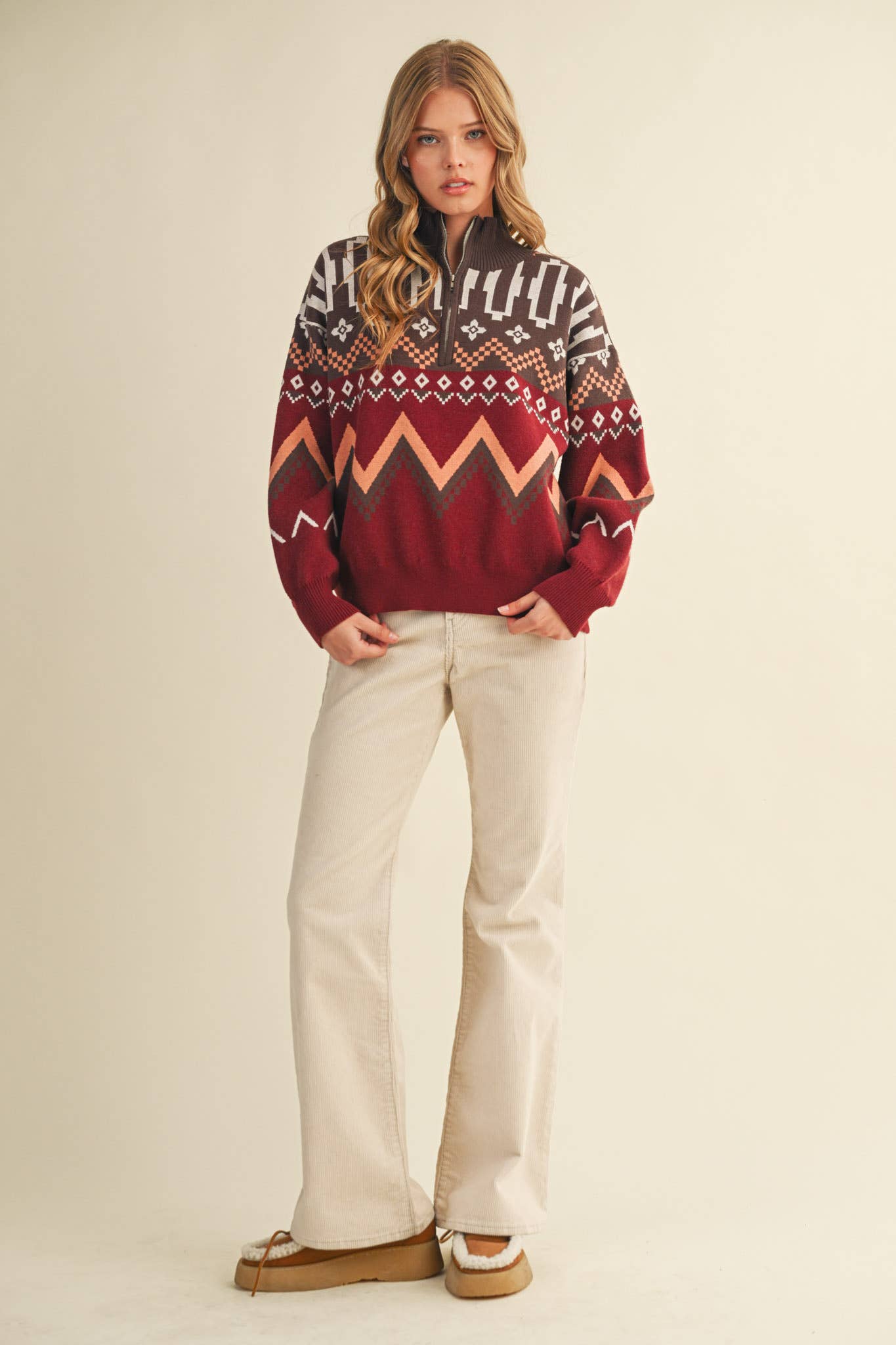 Burgundy Multi GEOMETRIC KNIT MOCK NECK HALF ZIP PULLOVER SWEATER MSW10885 for wholesale on Faire9