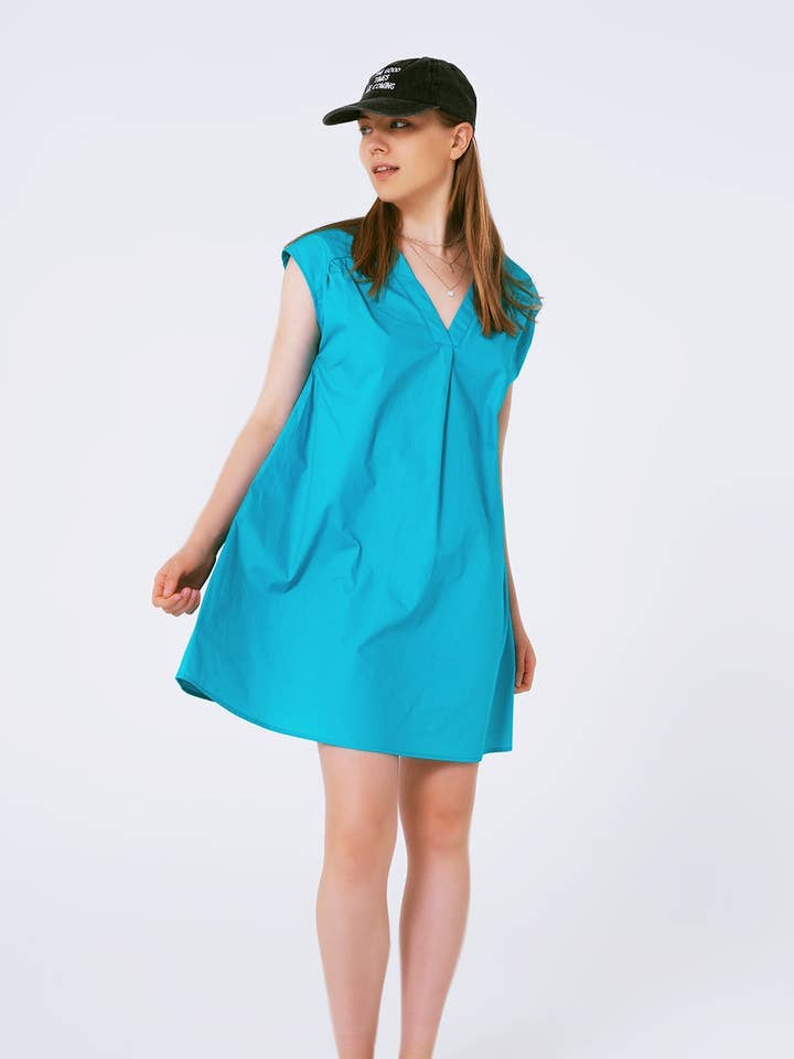 Mini Poplin Sleevless Dress in Turquoise for wholesale by Q2—All Orders:Free Duties for the US,UK,and Canada