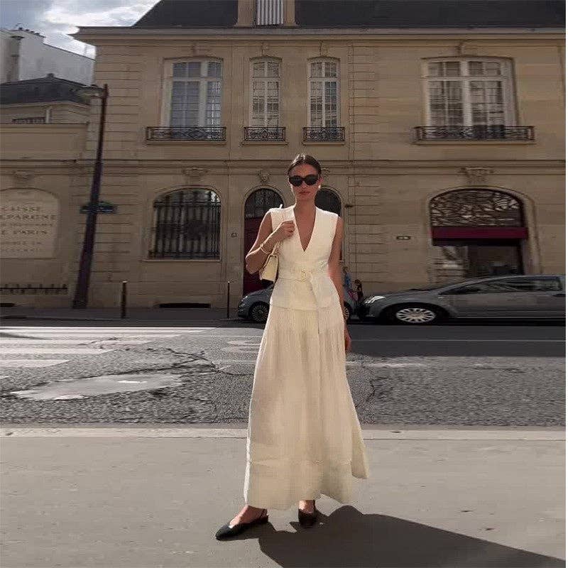 WHITE Solid Color V-Neck Sleeveless Belted A-Line Maxi Dress for wholesale on Faire1