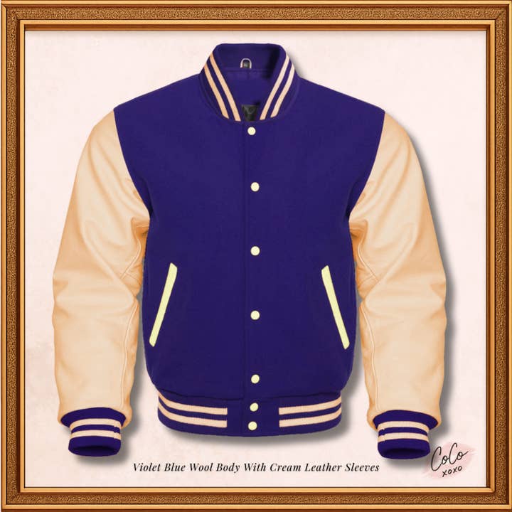Chaquetas Varsity de lana azul marino y mangas de cuero genuino color crema para venta al por mayor de OH Wears