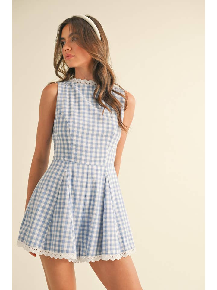 Klesis - Wholesale Romper - Women's - IR2203 SLEEVELESS GINGHAM LACE TRIM ROMPER