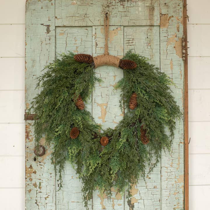 Ragon House - Wholesale Wreath - 28" CEDAR & CONES HANGING WREATH