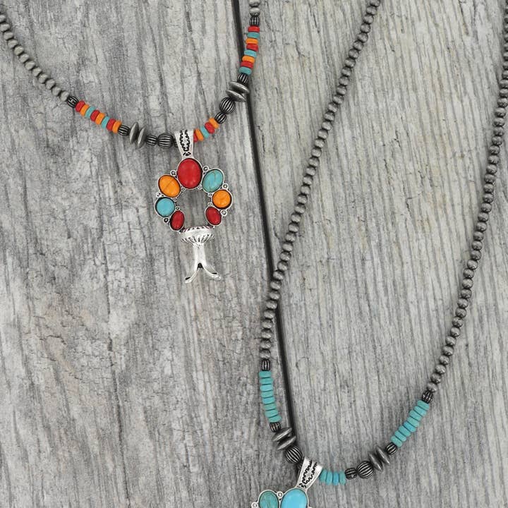SP Sophia Collection - Wholesale Pendant/Charm Necklace - Western Semi Stone Squash Blossom Pendant Beaded Necklace