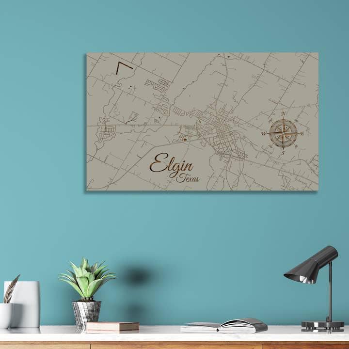 Texas : carte des rues d'Elgin pour la vente par Fire & Pine