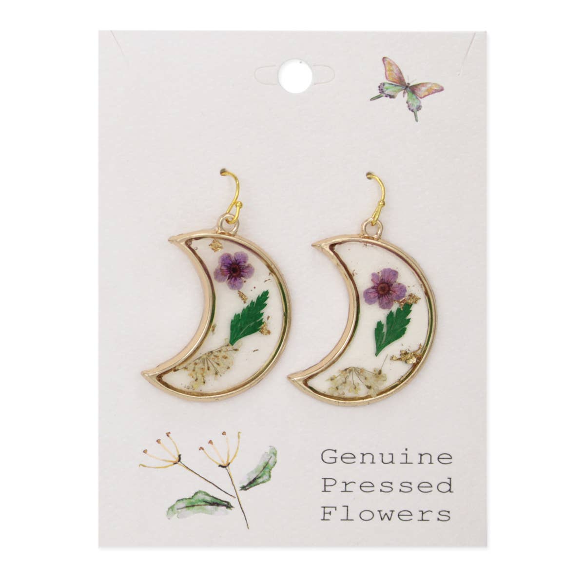 ZAD – Engroshandel Hængeøreringe og creoløreringe – Lilla Blomstermåne Tørrede Blomster Guldøreringe1