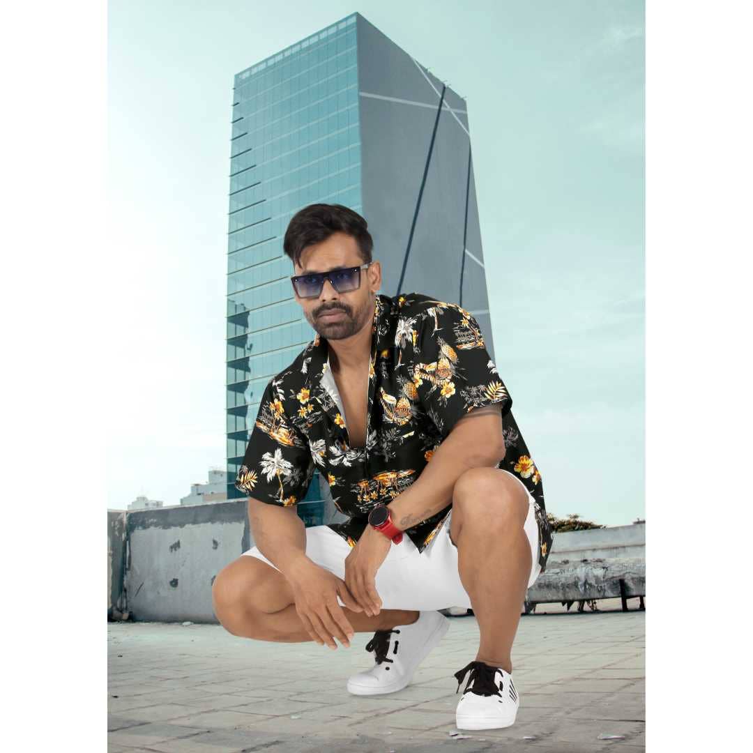 La Leela Men's Palm Tree and Floral Printed Black Shirt for wholesale on Faire2