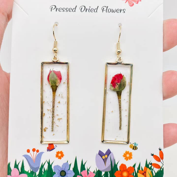 Rectangular Genuine Rose Dried Flowers Dangle Earrings - PDF for wholesale by Mio Queena