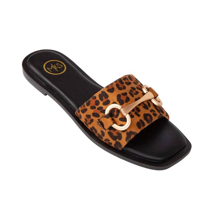 Ava Women's Square Open Toe Gold Horsebit Flat Slide Sandal for wholesale by Maker's Shoes