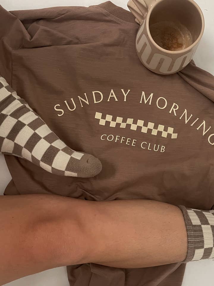 Adult Sunday Morning Coffee Club Soft Stretch Tee for wholesale by Roots Home