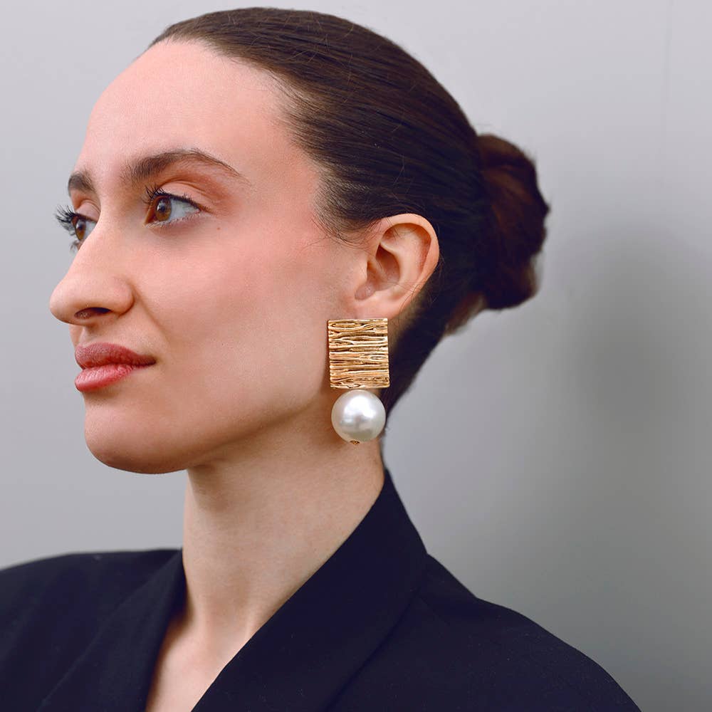 Sonata - Wholesale Snap Jewelry - Square Metal Earrings with Hanging Imitation Pearl Ball6