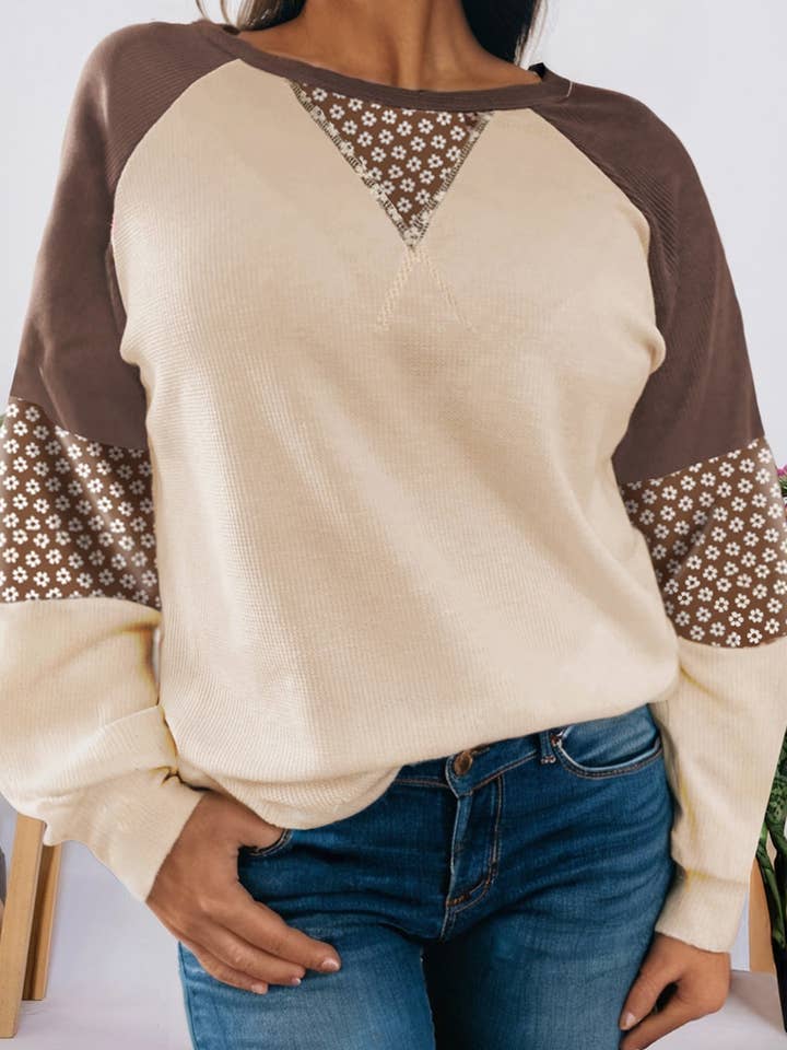 Floral Print Patchwork Color Block Long Sleeve Top (S-XL) for wholesale by 66DISCO