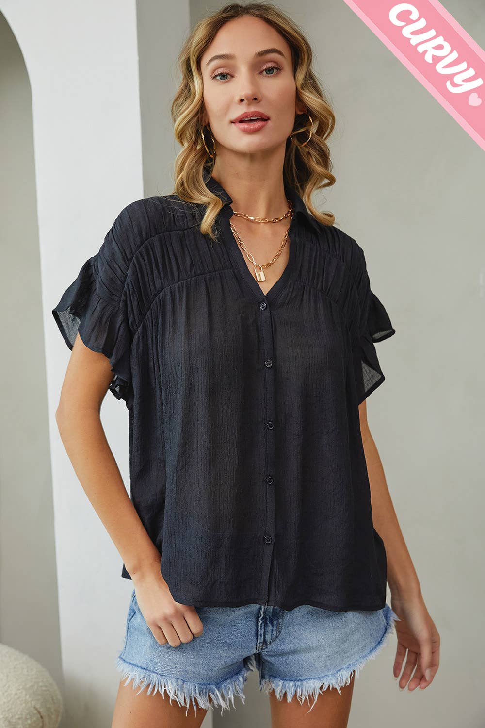 Sweet Lovely by Jen - Wholesale Button Down Shirt - Women's - PLUS SIZE CASUAL SHORT RUFFLE FLOWY SHIRT31