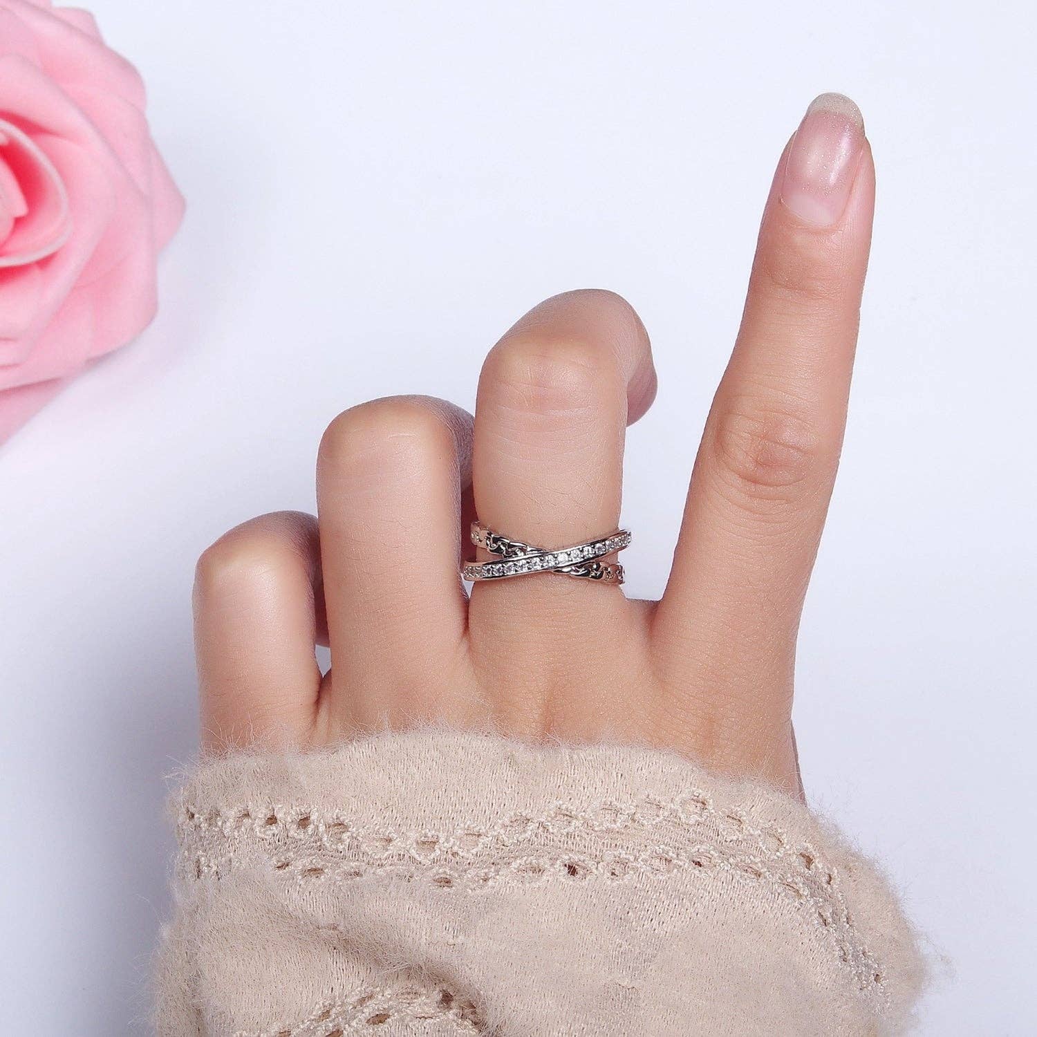 Aim Eternal - Wholesale Multi-Stone Ring - 14K Gold Filled Clear CZ Chain Link X Cross Double Band Ring5