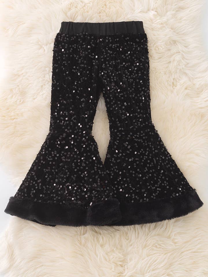 Black sequins bell bottoms with fur trim. PNG50266 SOL for wholesale by Kids Charm Online