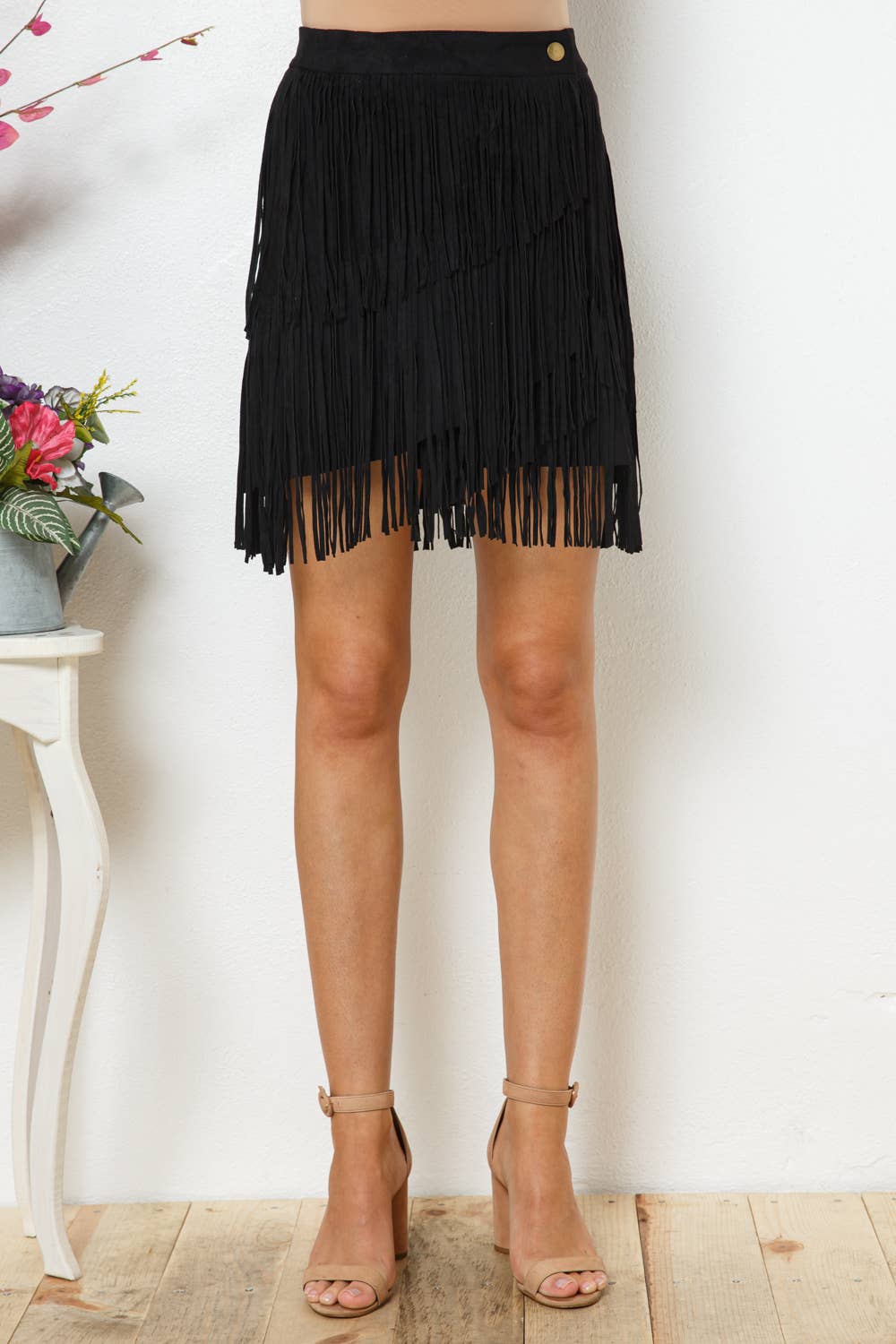 TAN 12135S-N - Faux Suede Wrap Snap Closure Fringe Western Skirt for wholesale on Faire8
