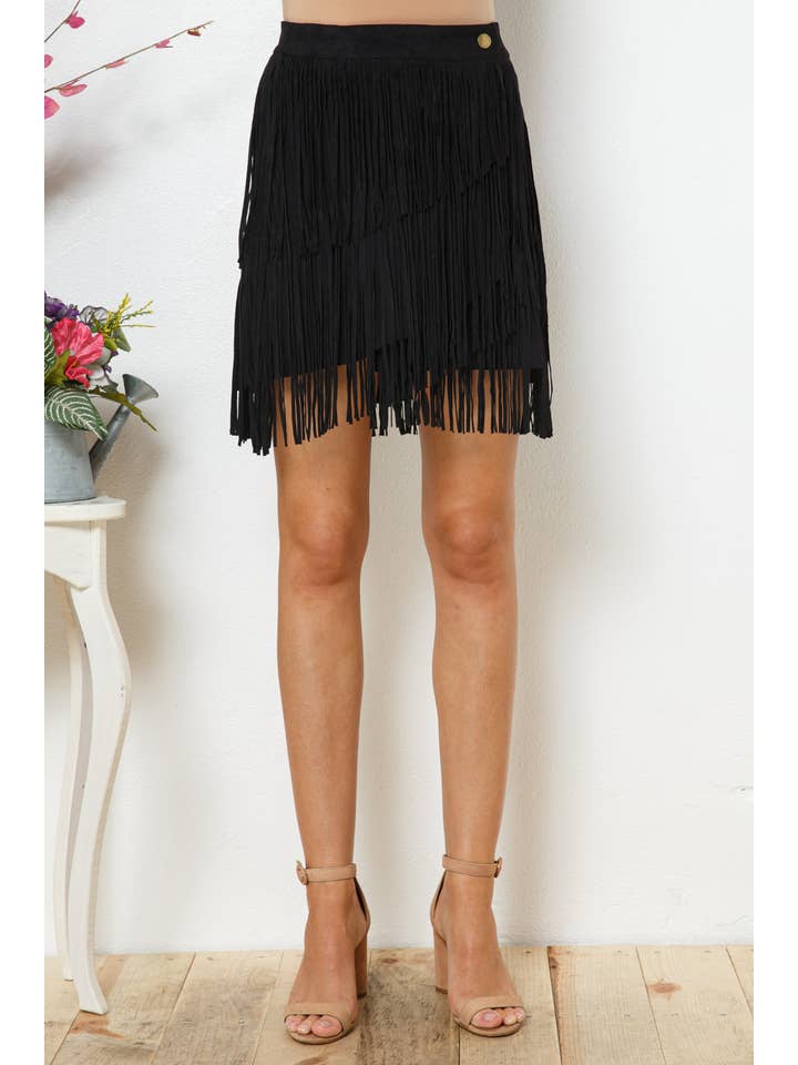 TAN 12135S-N - Faux Suede Wrap Snap Closure Fringe Western Skirt for wholesale on Faire8