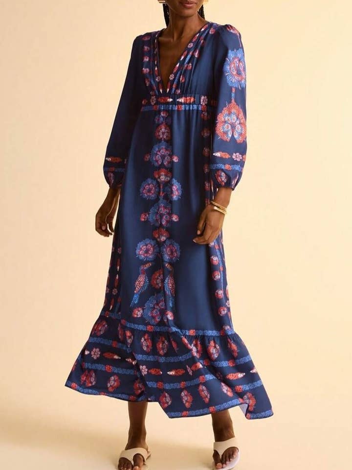 Rosa Clothing - Wholesale Dress - Women's - Boho Ethnic Paisley Floral Print Flowy Fall Dress0