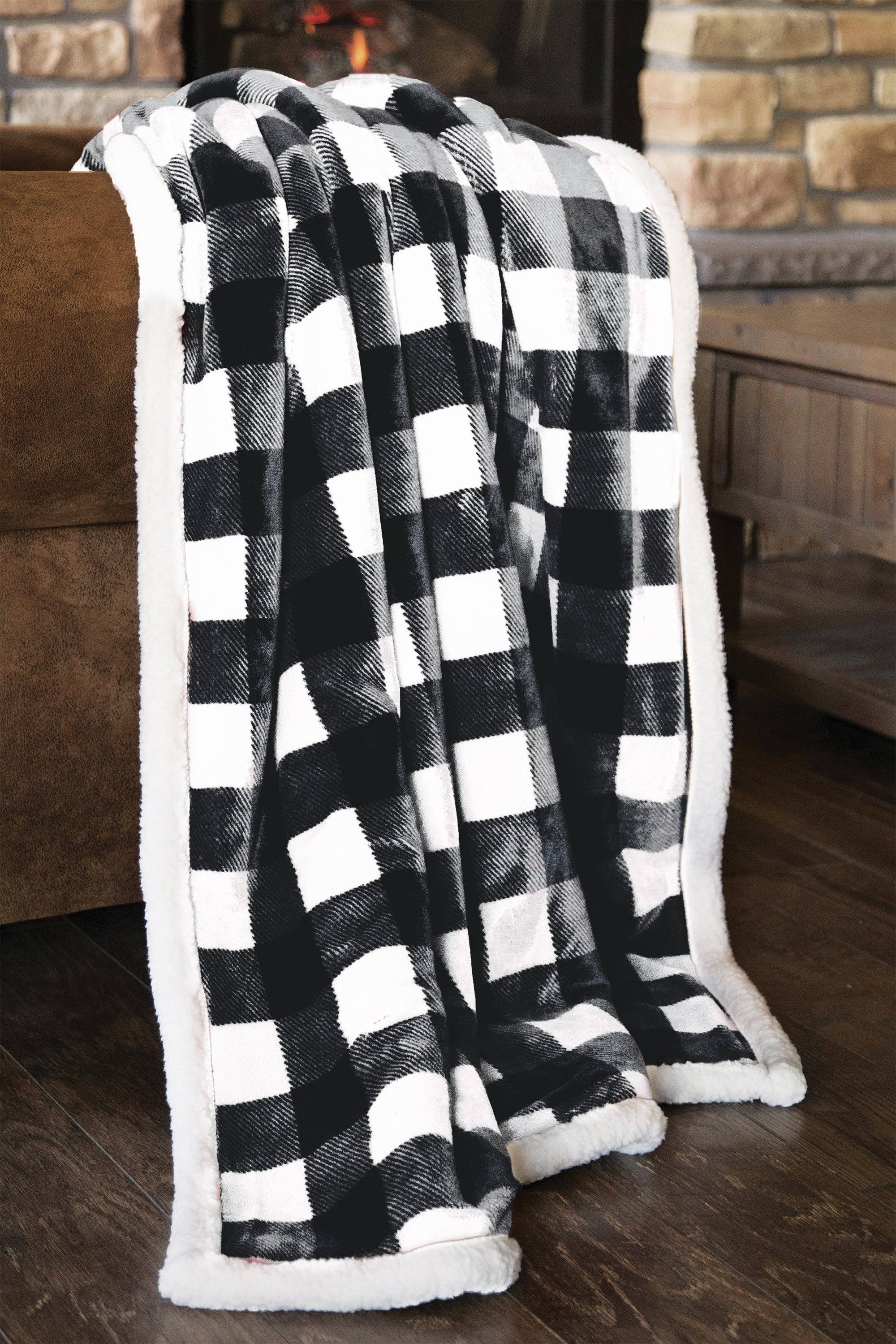 Carstens, Inc. - Wholesale Throw Blanket - Black & White Lumberjack Plaid Plush Sherpa Throw6