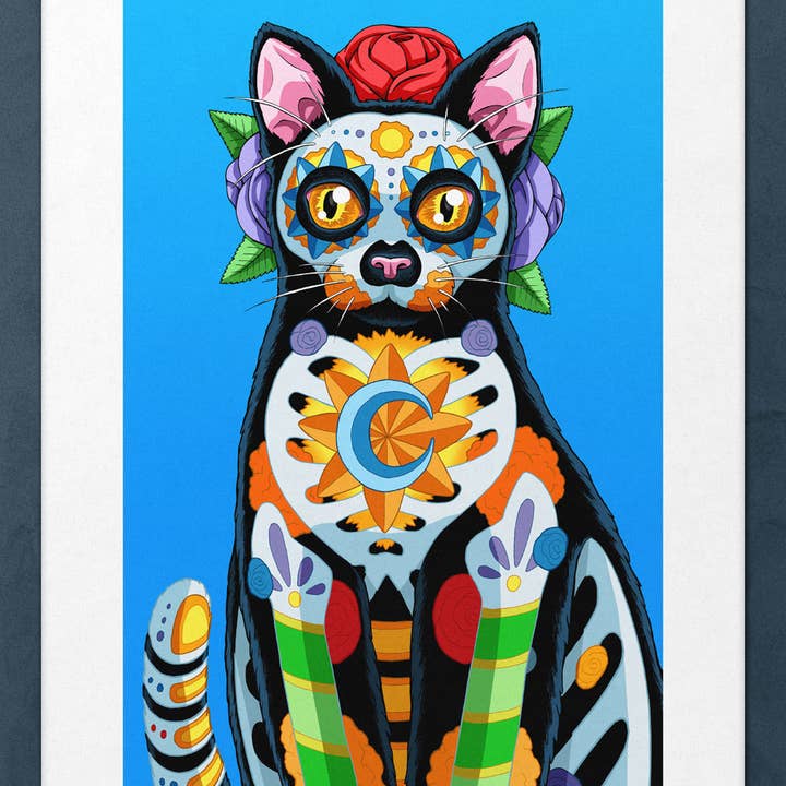 Day of the Dead Cat Astrology Art Print - "Azul" for wholesale by Nicholas Ivins Art & Illustration