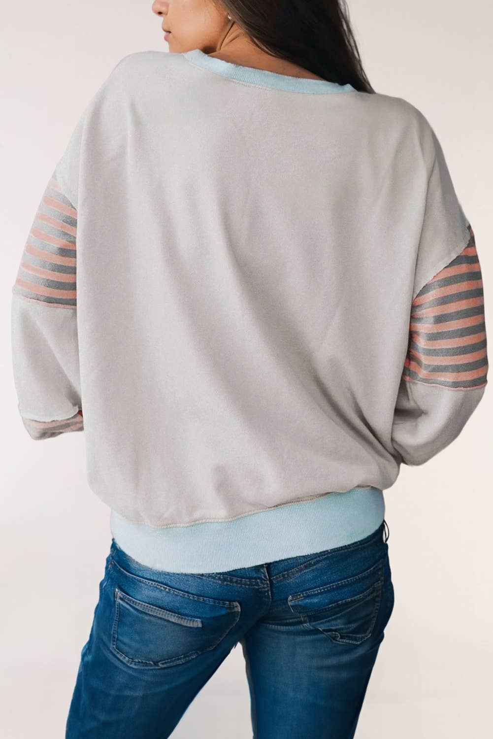 LA Society - Wholesale Sweatshirt - Women's - Striped Colorblock Patchwork Drop Shoulder Sweatshirt1