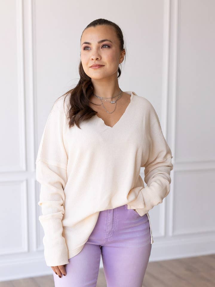 Pretty Pleased Waffle Knit Top in Ivory for wholesale on Faire0