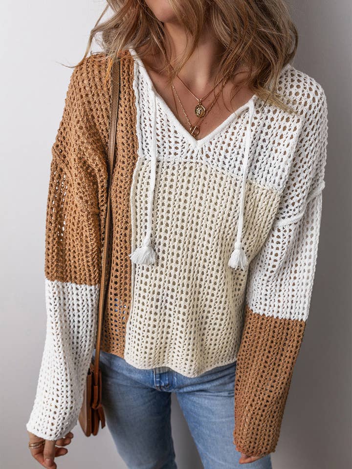Camel‑Cream Colorblock Waffle Pullover for wholesale by Anna Kaci Wholesale