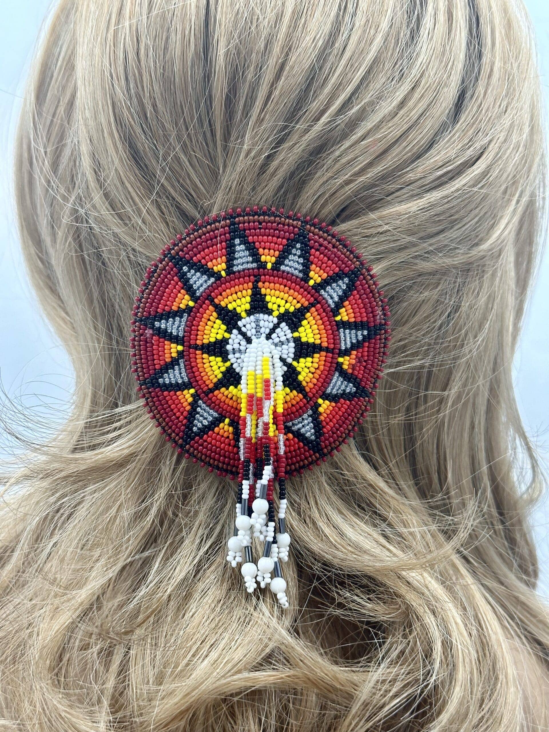 BEADS CORNER – wholesale Barrette – Women’s – Handcrafted Flower Pattern Red Black French Barette with Czech Beads and Suede Leather, 4.5 inch Diameter2