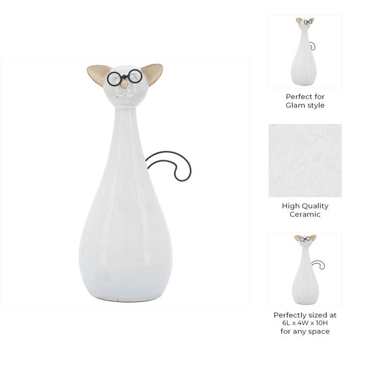 Sagebrook Home - Wholesale Decorative Figurine - Ceramic Chubby Cat with Glasses Figurine - White, 10 in.2