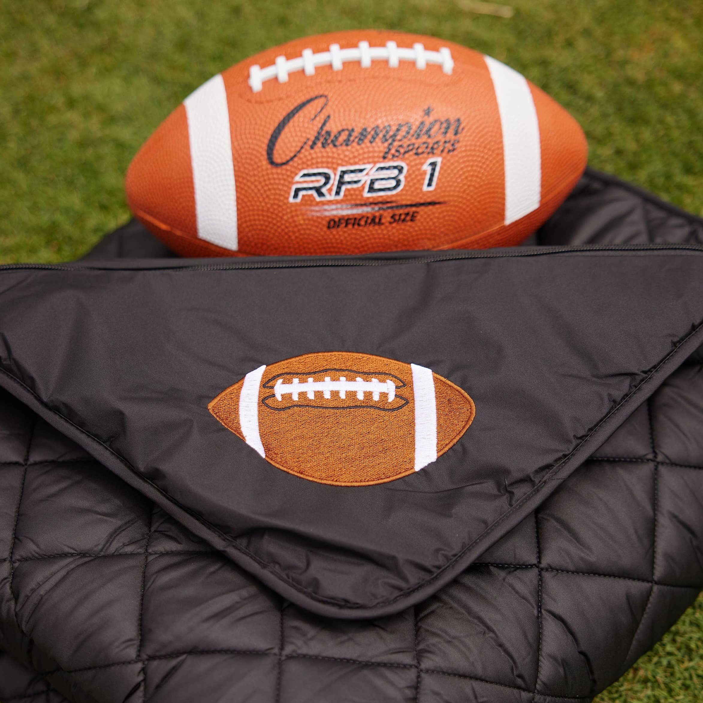 Pretty Rugged - Wholesale Picnic Blanket - Black Waterproof Puffer Blanket with Football3