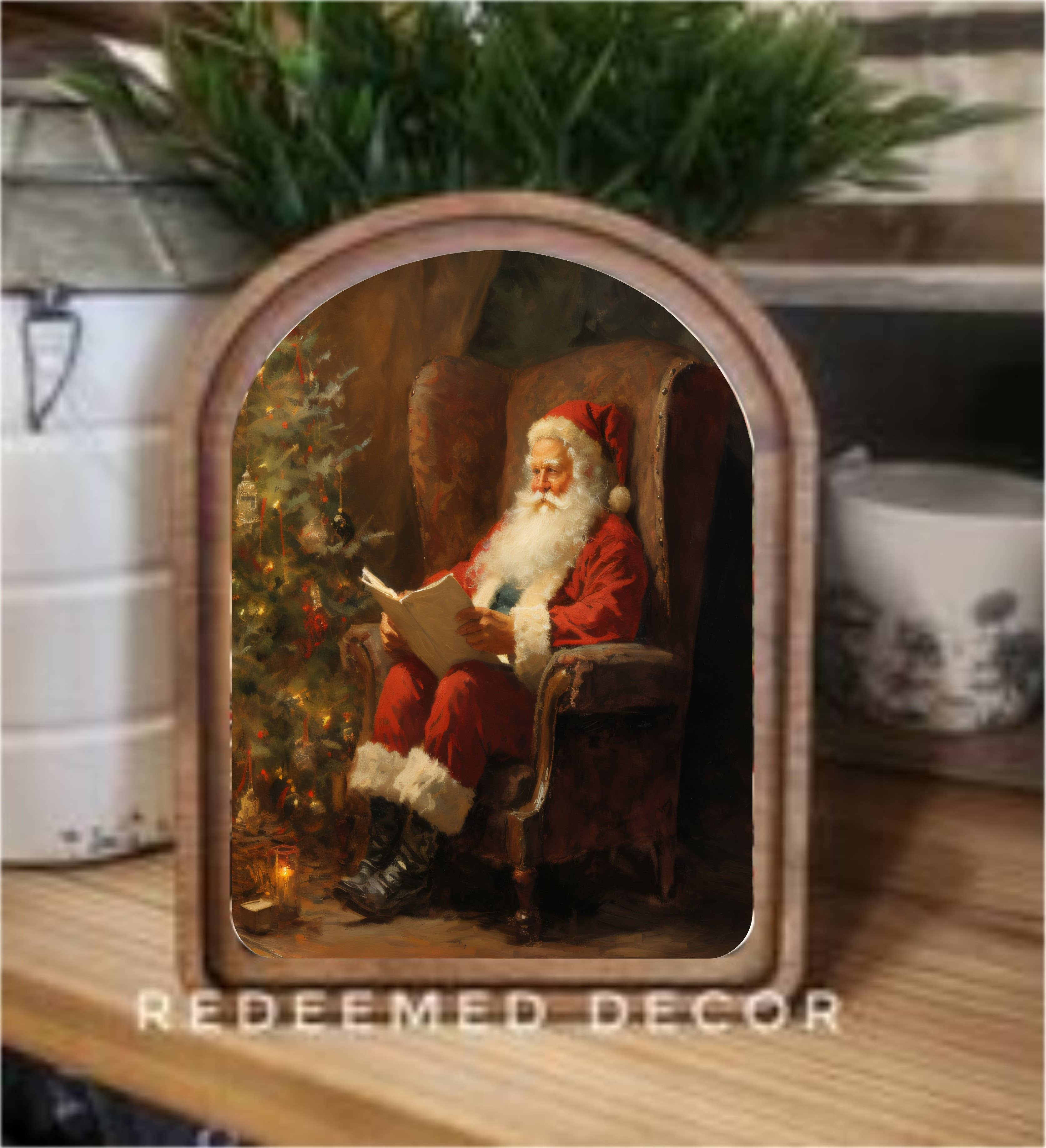 Redeemed Decor - Wholesale Wood wall art - Arch Top Santa Reading Framed Art