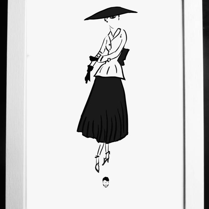 El loco del Pelo Rizo - Vente Affiche d'art - Mode, ensemble Dior en noir et blanc.