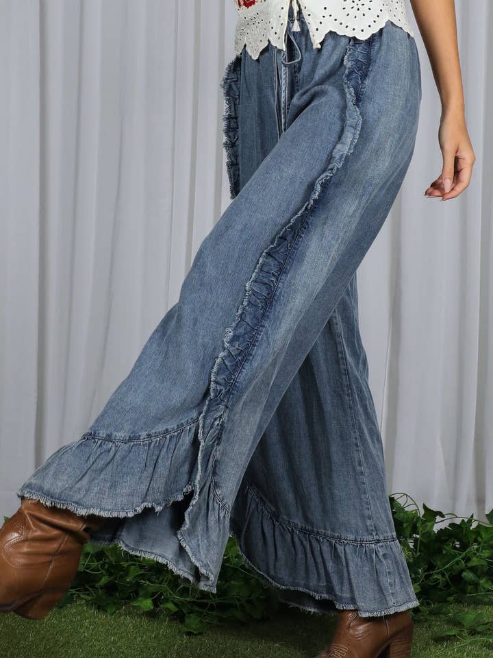 Flared Ruffle Hem Washed Chambray Crop Denim Pants VP83040 for wholesale by Vine & Love