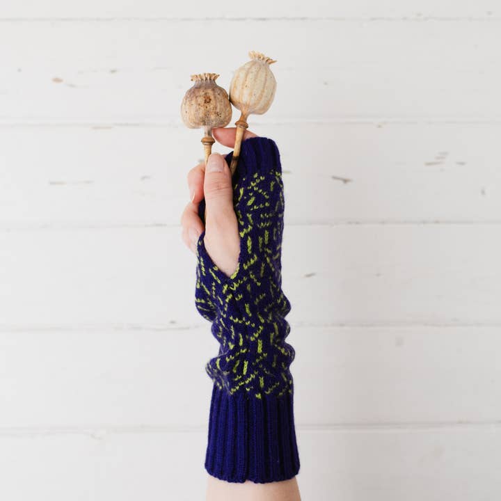 Scatter wrist warmers - nightfall and lime for wholesale by Miss Knit Nat