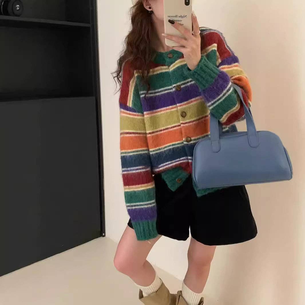 Marayn - Wholesale Cardigan - Women's - Retro Rainbow Stripe Knit Cardigan Cozy  Chic19