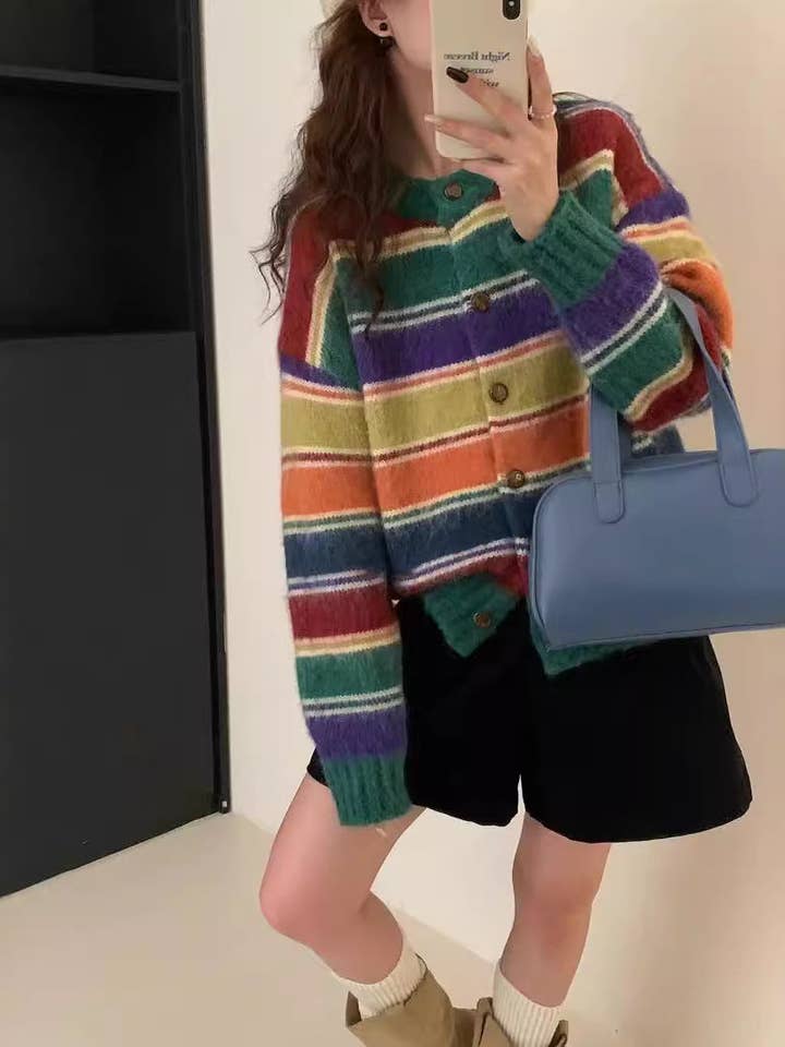 Marayn - Wholesale Cardigan - Women's - Retro Rainbow Stripe Knit Cardigan Cozy Chic19