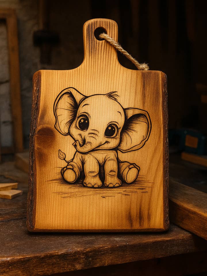 „Elefantino – Incisione laser adorabile su abete bruciato per la vendita all'ingrosso da parte di Wunderquelle Emmental