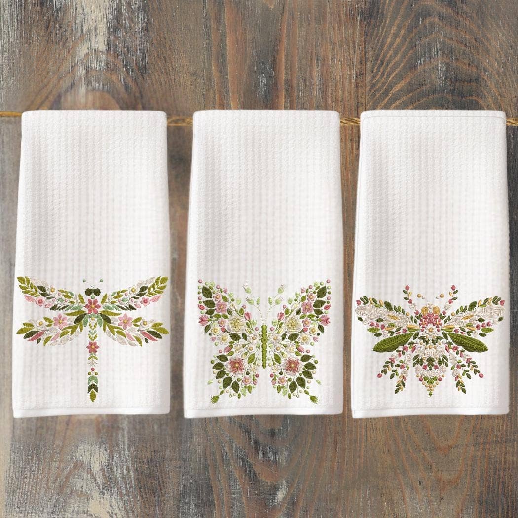 Cottage & Club – wholesale Tea towel – Floral Butterfly, Bee & Dragonfly Tea Towels - Choose Your Design | Waffle Weave Insect Towels | Embroidery Look Kitchen Decor0