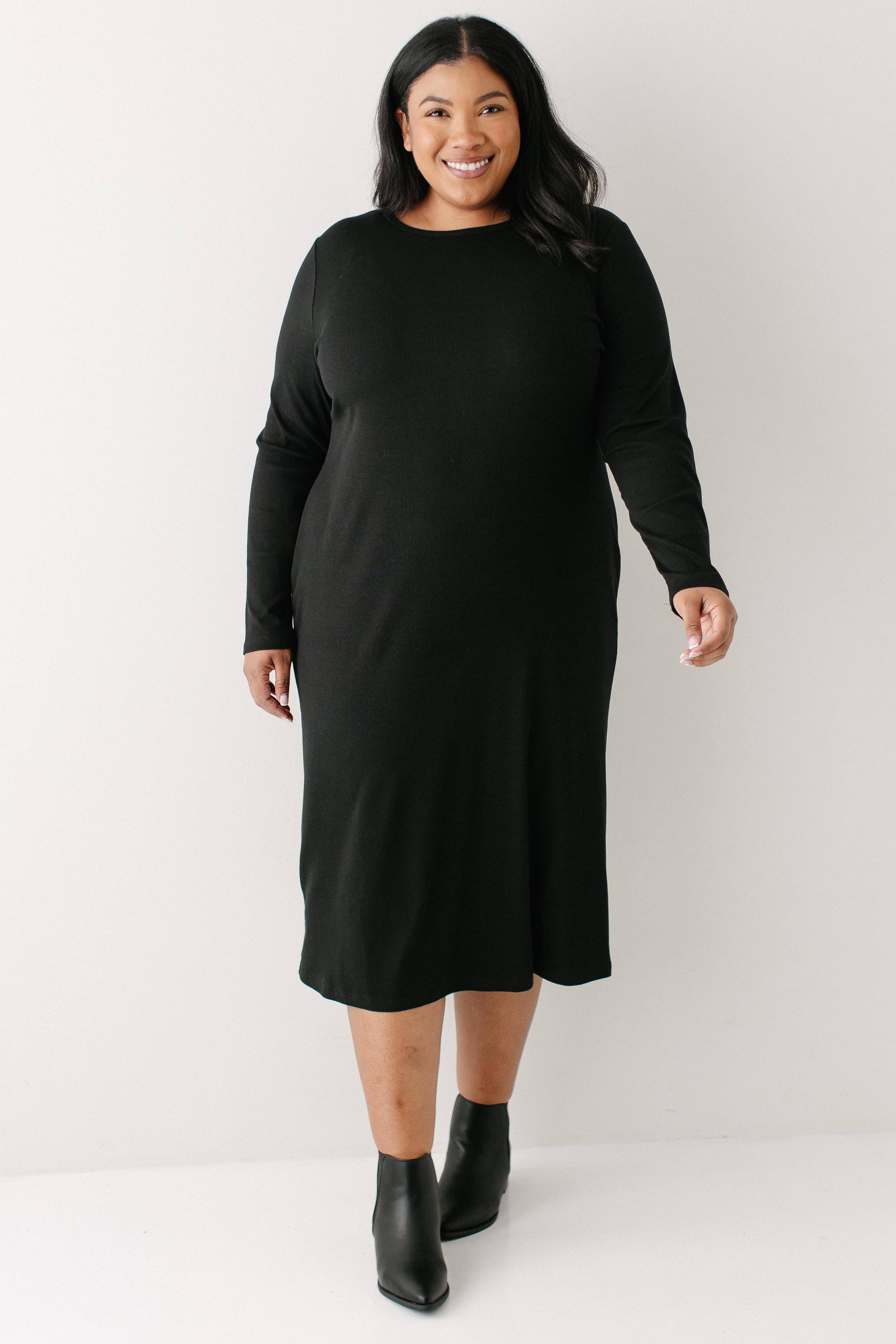 Black 'Constance' Bamboo Blend Ribbed Long Sleeve Midi Dress for wholesale on Faire3